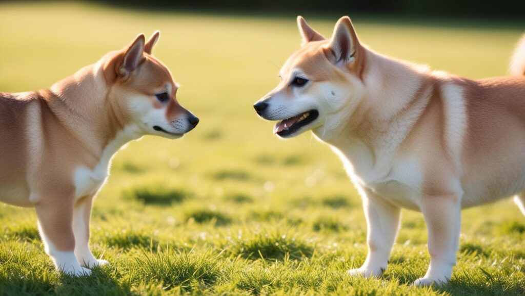 並んで立つ豆柴と柴犬のサイズ比較