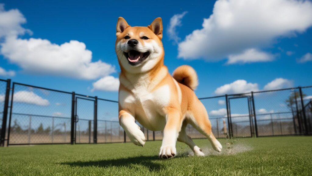 ドッグランで走りながら笑顔を見せる柴犬の写真。ヒコーキ耳と元気な姿が印象的