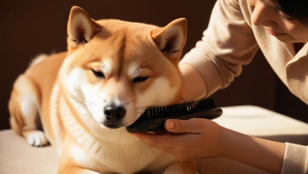 飼い主にブラッシングされて気持ちよさそうな柴犬の写真。快適に換毛期ケアを行う様子がうかがえる