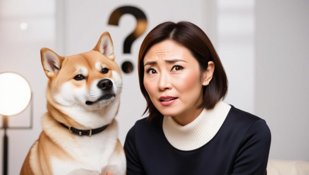 飼い主が首をかしげながら柴犬を見ている写真。換毛期に関する疑問を表現するような構図