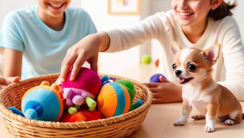 子犬がおもちゃのバスケットに鼻を突っ込んで楽しそうに選ぶ様子。ローテーションで飽きさせない工夫