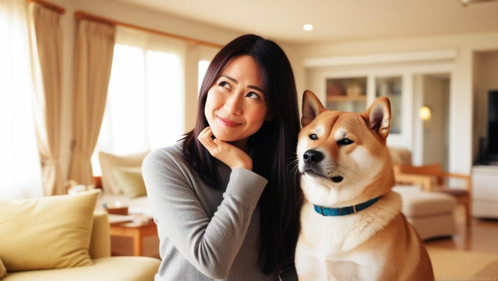 飼い主が疑問を抱えて考えている様子と、隣で首をかしげる柴犬の写真。体重に関するQ&Aをイメージさせる構図