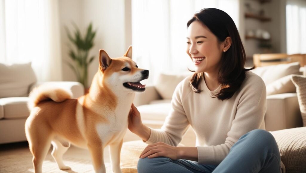 飼い主と触れ合い、しっぽを上げてリラックスしている柴犬の写真。仲良くコミュニケーションをとる様子