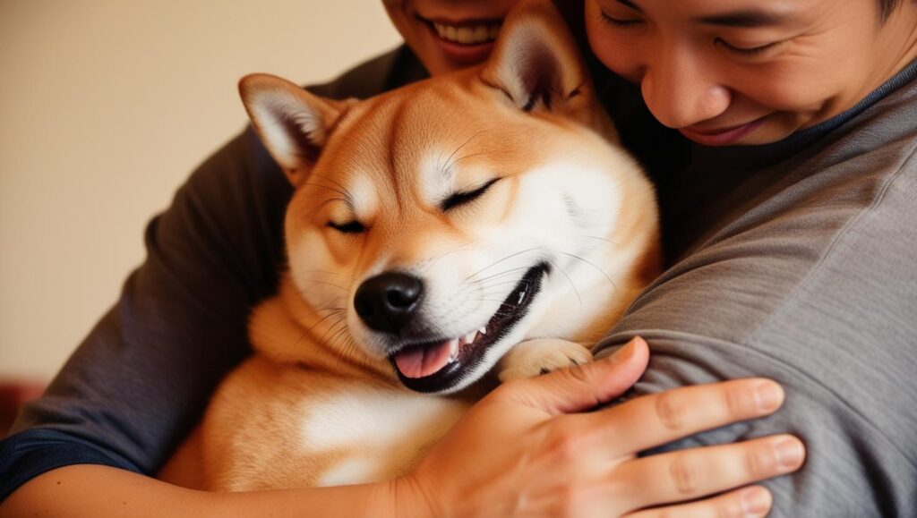 飼い主と一緒に寄り添い、笑顔を見せる柴犬の写真。特徴的な眉毛が映り、ほのぼのとした雰囲気を演出